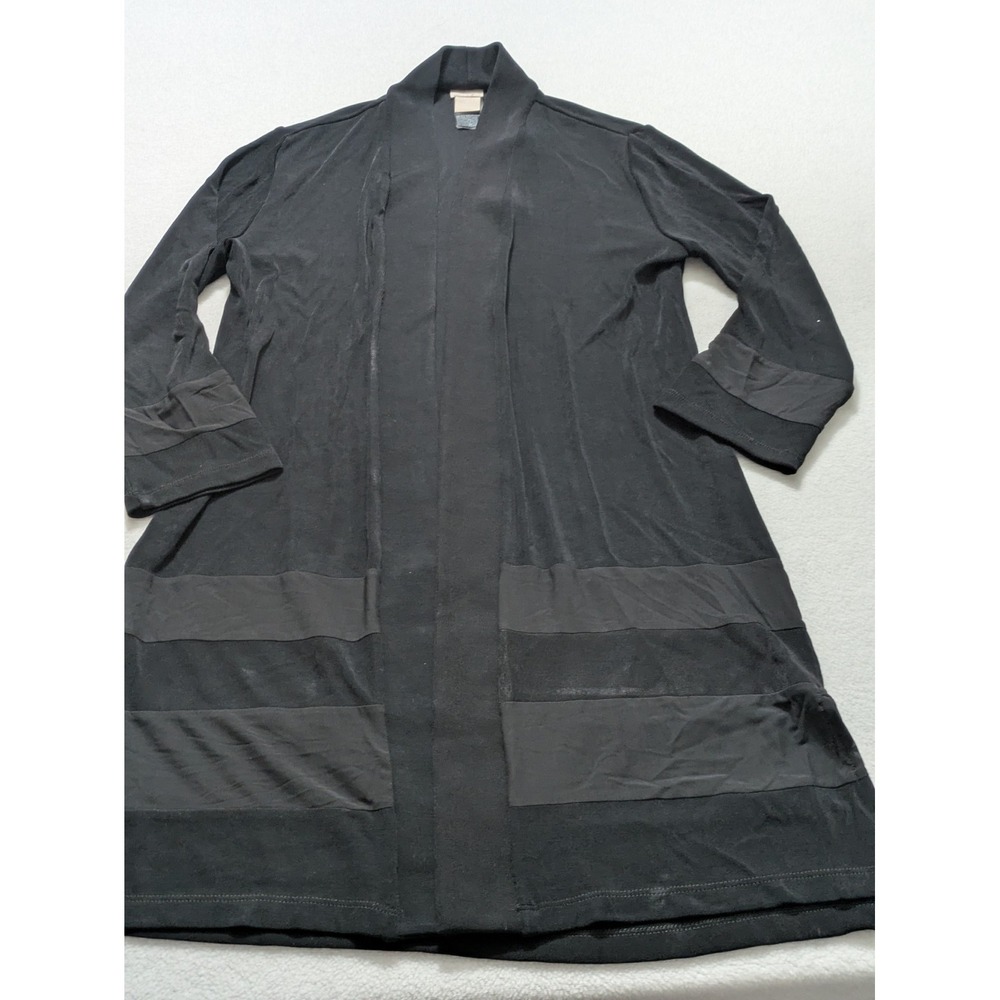 Chicos Travelers Cardigan Sz Small Black Capsule Open Front Sheer Classic Career